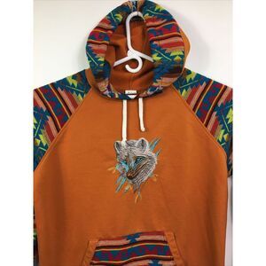 K A Native Arts Hoodie Mens Size L handmade Ecuador Aztec graphic Design‎
